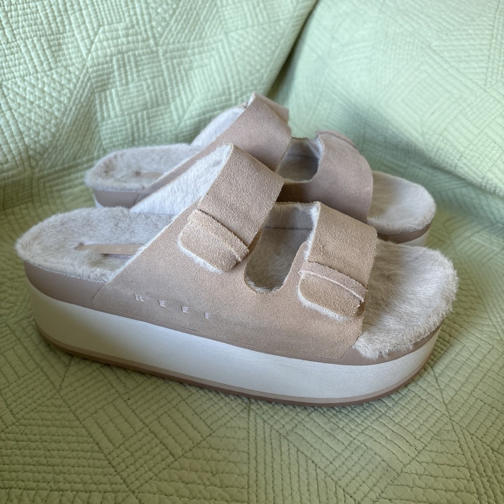 Reef Ojai Ciara Platform Sandals Slides Womens Tan Size 7 Leather Faux Fur